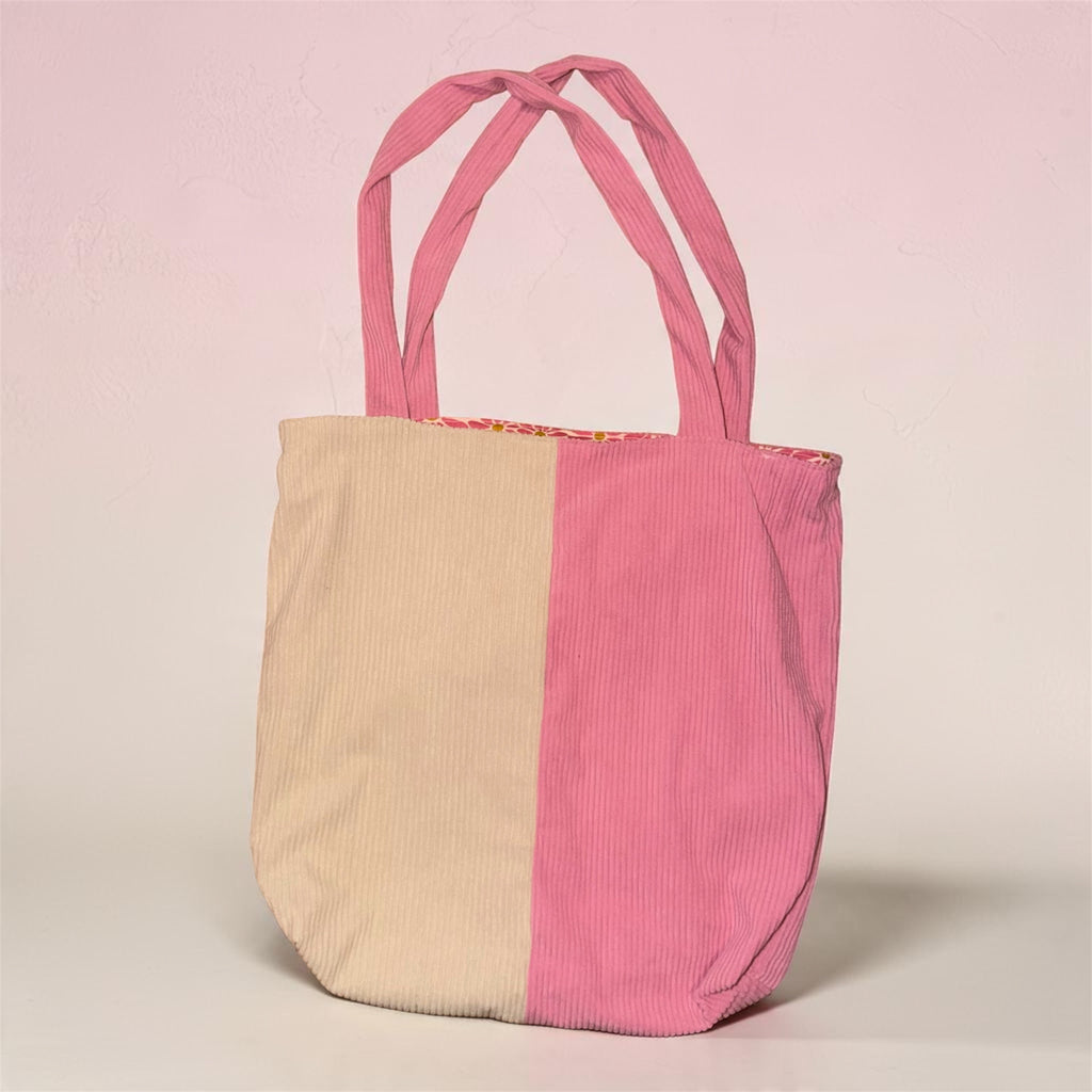 Tote bag bi-colore velours côtelé rose/crème