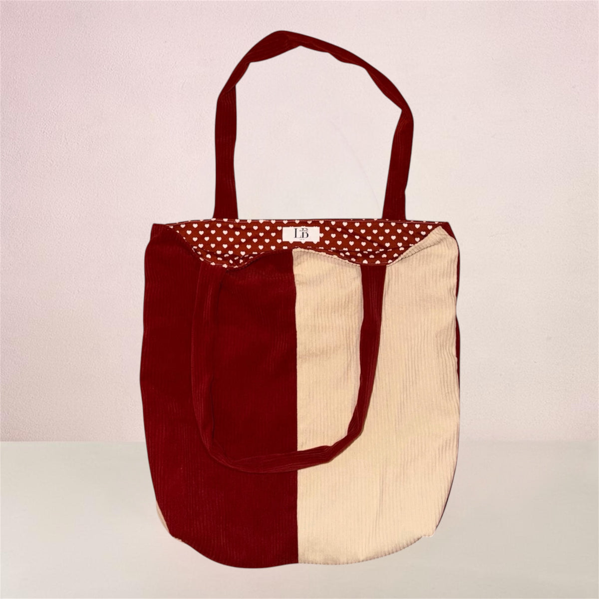Tote bag bi-colore velours côtelé rose/crème