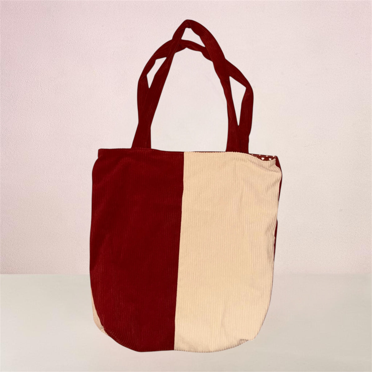 Tote bag bi-colore velours côtelé rose/crème