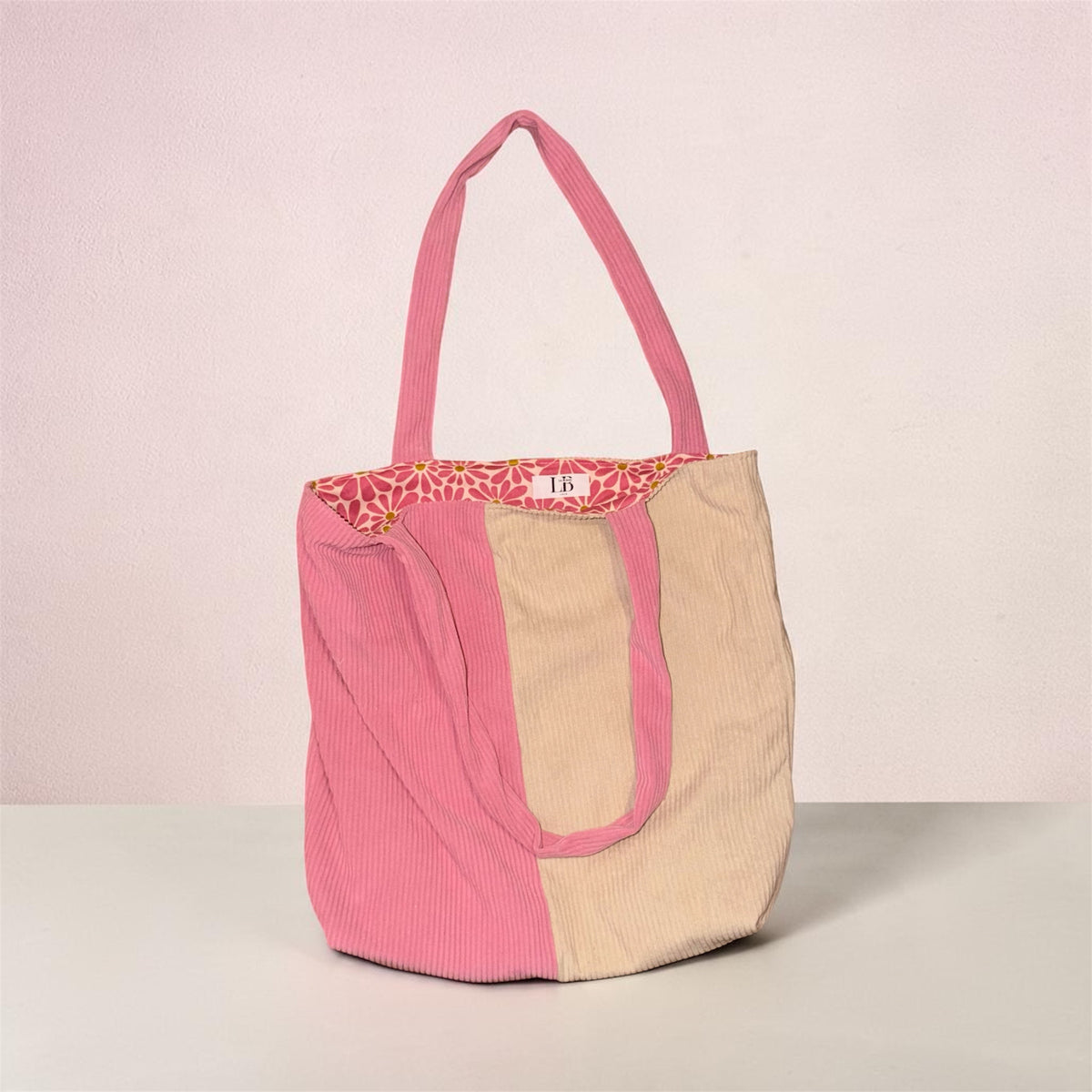Tote bag bi-colore velours côtelé rose/crème