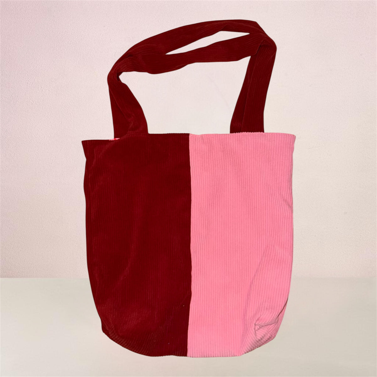 Tote bag bi-colore velours côtelé rose/crème